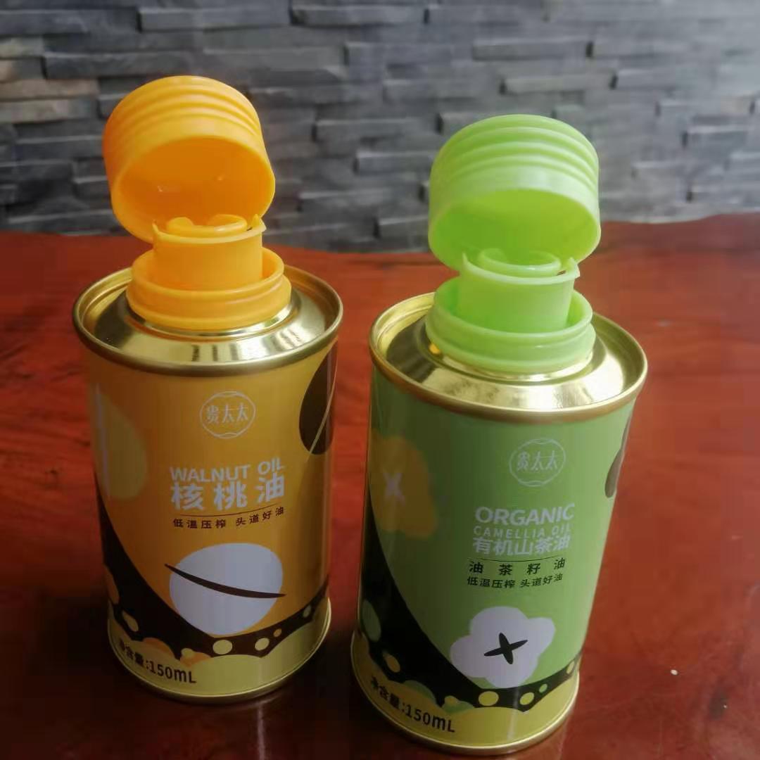 个性化茶油铁罐，湖南山茶油圆形铁瓶定制